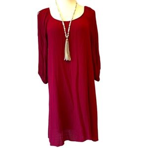 NWOT CRIMSON GAUZY DRESS, 3/4 SLEEVES, ROUND NECKLINE, LINED